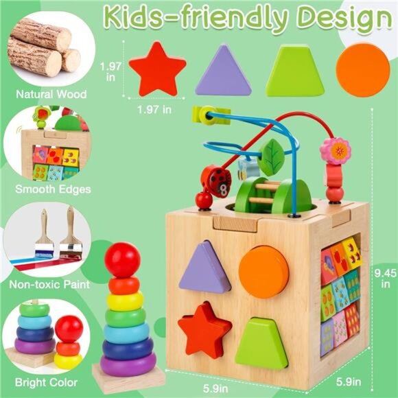 Activity Cube Wooden Montessori Toy, Shape Sorter Developmental Learning Toys - Picture 4 of 8